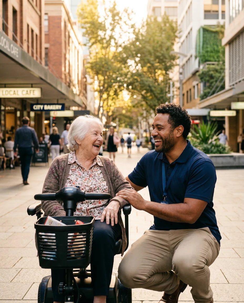 MANAWISE community support worker with client in Brisbane CBD